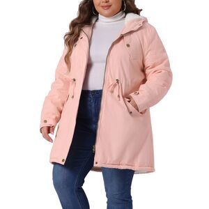 Plus Size Parkas Jackets Faux Fur Lined Anorak Coat with Hood Pink